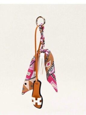 Keychain/Bag Charm Silk Scarf, White Leather Tassel & Hermes-Inspired Sandle